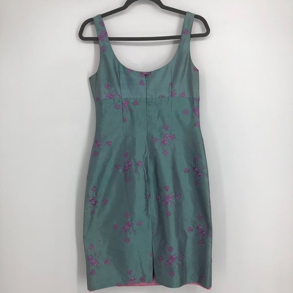 Nanette Lepore Rare Vintage Green Shimmer w/ Pink Floral Embroidery Silk Dress - Picture 4 of 14